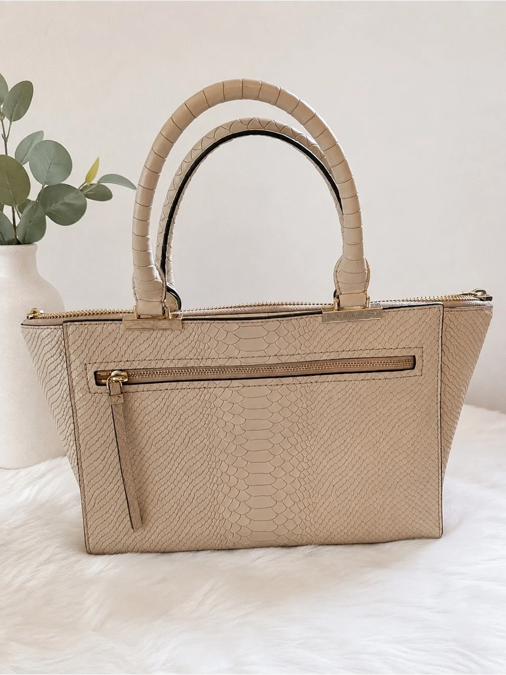 Henri Bendel Embossed Leather Satchel - Beige/Nude